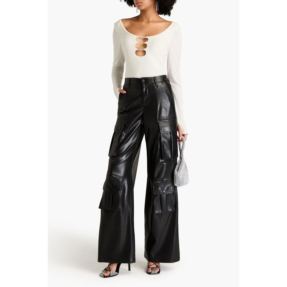 Alice + Olivia Ecru Crystal-Embellished Scoop Neck Cutout Crepe Bodysuit Small